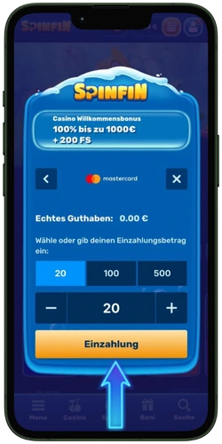 Betrag eingeben – Einzahlungsbetrag per MasterCard auswählen.