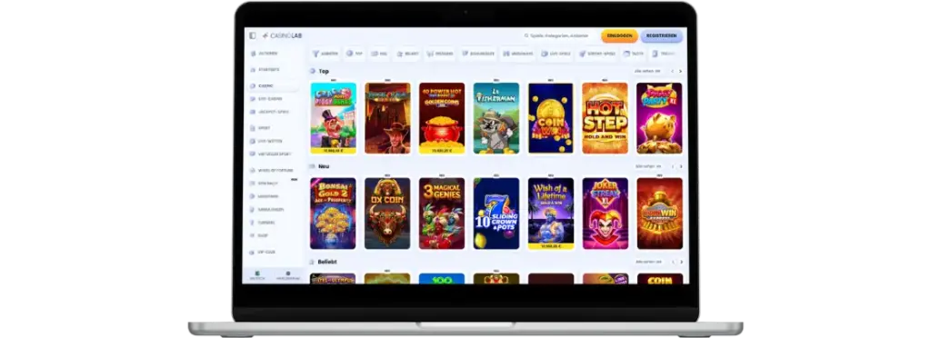 CasinoLab Startseite mit Spielübersicht und Kategoriennavigation.