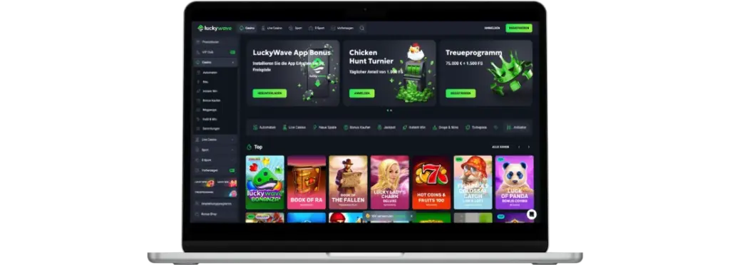 LuckyWave Casino Startseite mit Bonusangeboten und Top-Spielen.