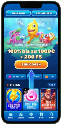 Registrierung und Login-Ansicht der Casino-App mit Willkommensbonus.