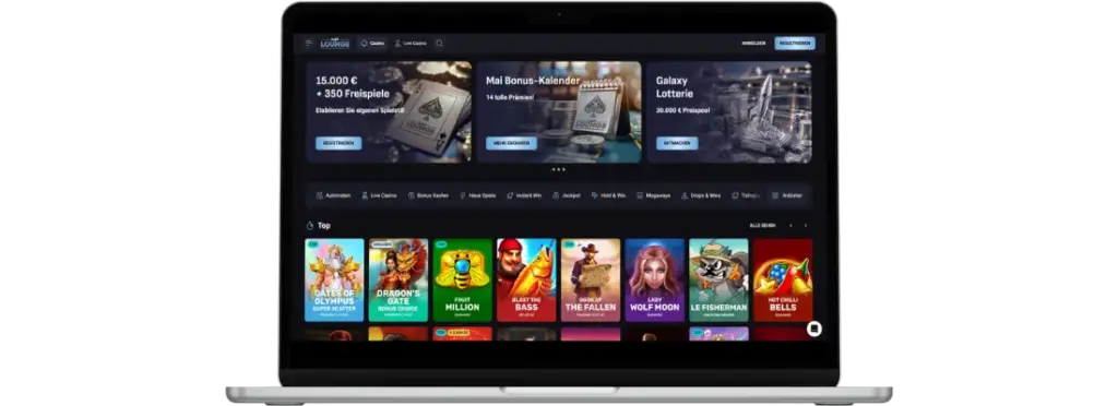 Slot Lounge Casino Startseite mit Willkommensbonus 15.000€ und Freispielen.