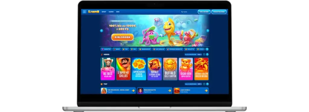 SpinFin Casino Startseite mit Willkommensbonus 100% bis zu 1000€ und 200 FS.