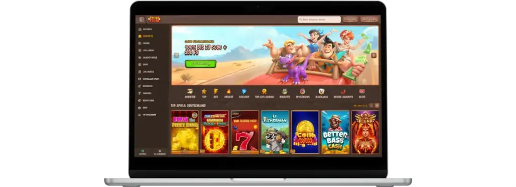 Stone Vegas Casino Startseite mit Willkommensbonus 100% bis zu 500€ und Spielauswahl.